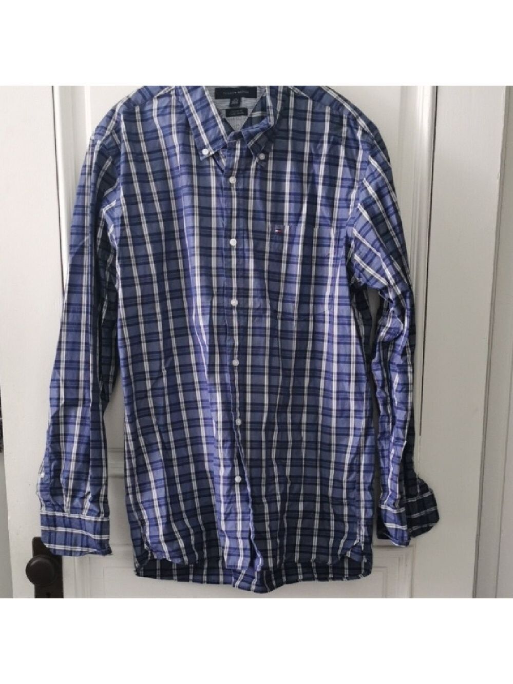 Mens Tommy Hilfiger Blue Checkered Plaid 80s Button Down  Shirt. Size L 16.5 -17